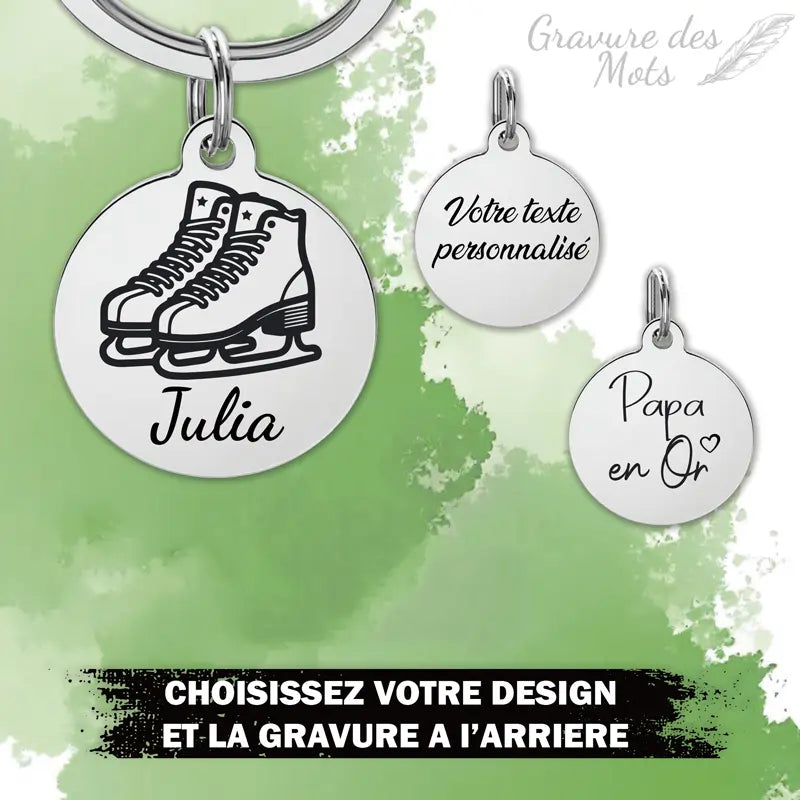 Ensemble de porte-clés personnalisés patinage ou hockey avec texte gravé