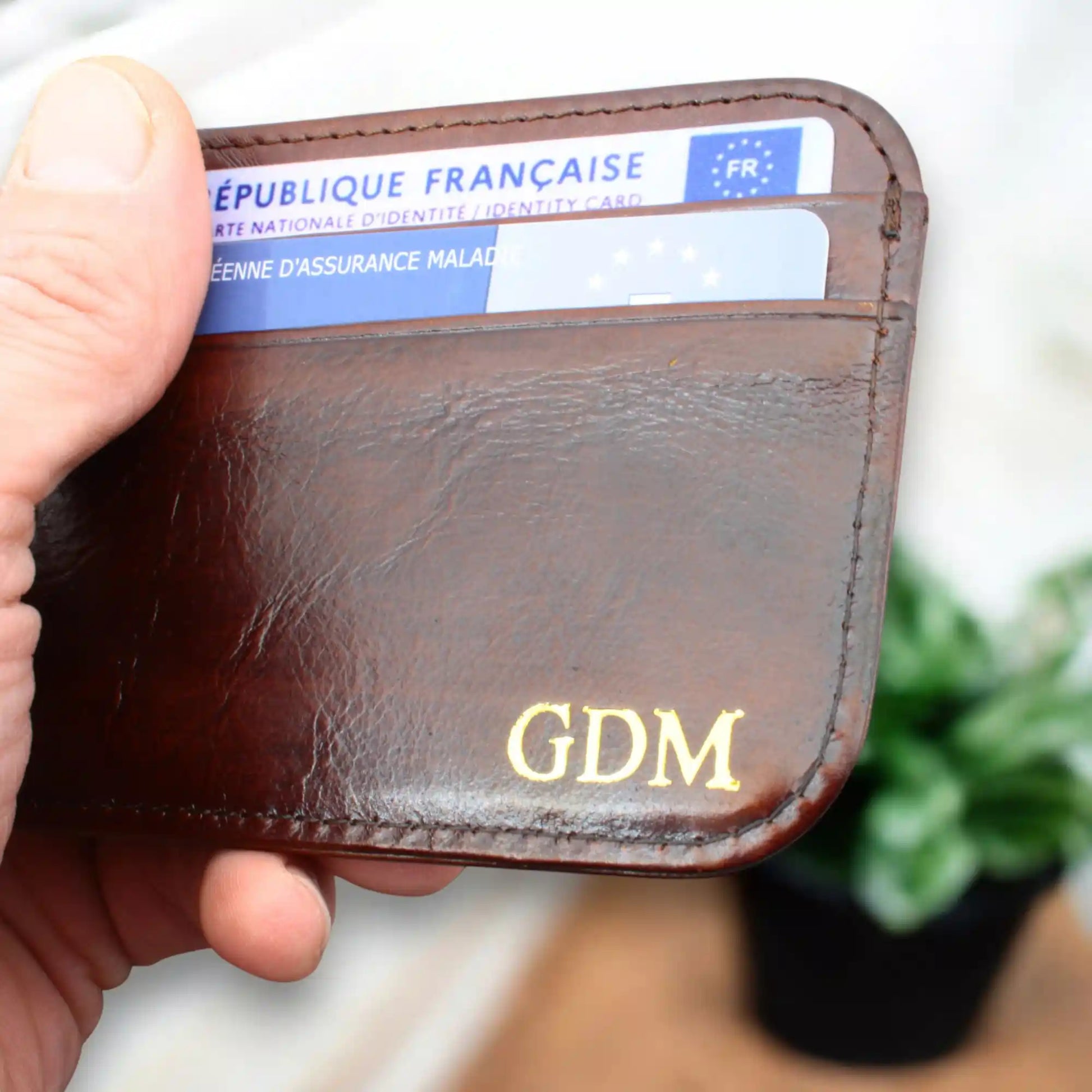 Porte carte cuir marron homme personnalisation dorure or