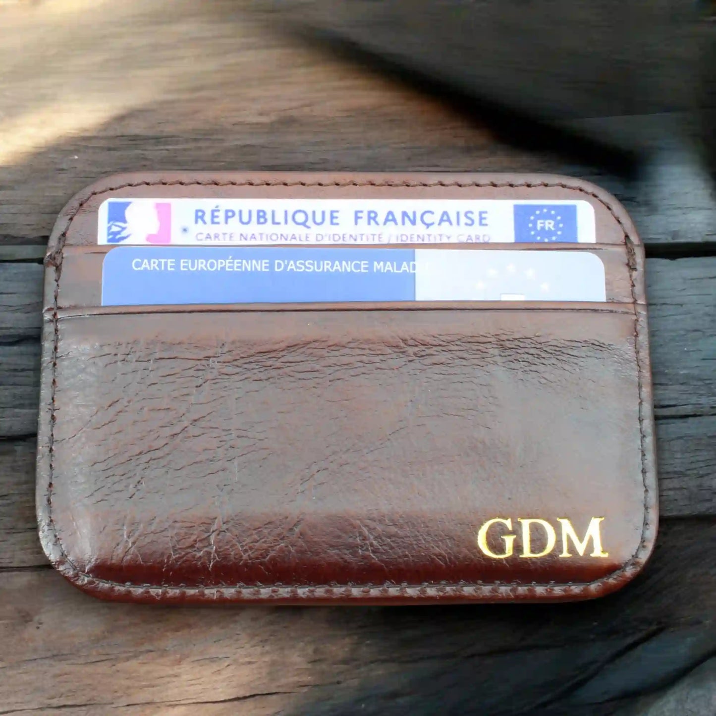 Porte carte cuir marron homme avec dorure or des initiales
