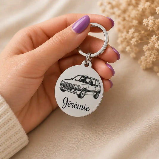 porte clé 205 gti avec gravure personnalisée en acier inoxydable couleur argent