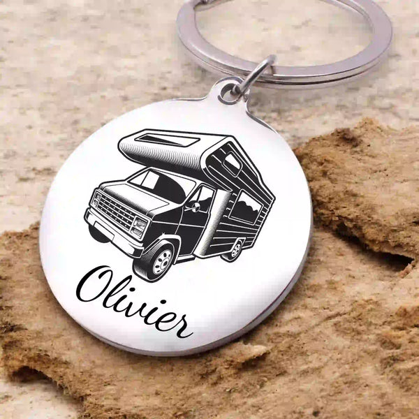 Porte-clé camping-car en acier inoxydable, gravé avec prénom.