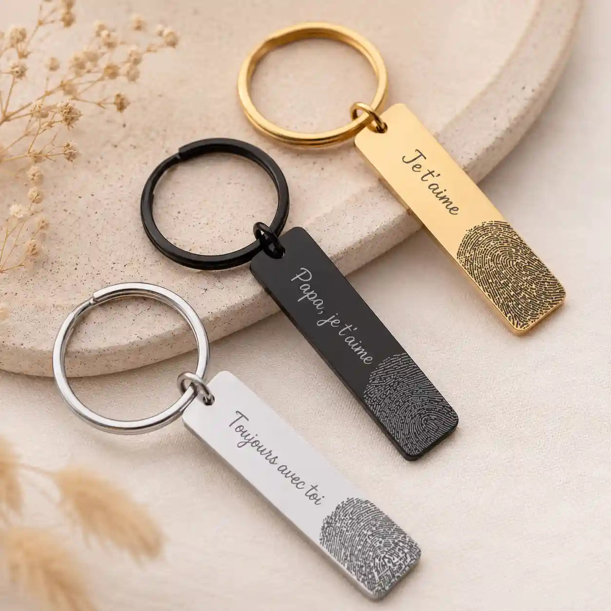 porte clé personnalisé avec empreinte de couleurs or,argent et noir