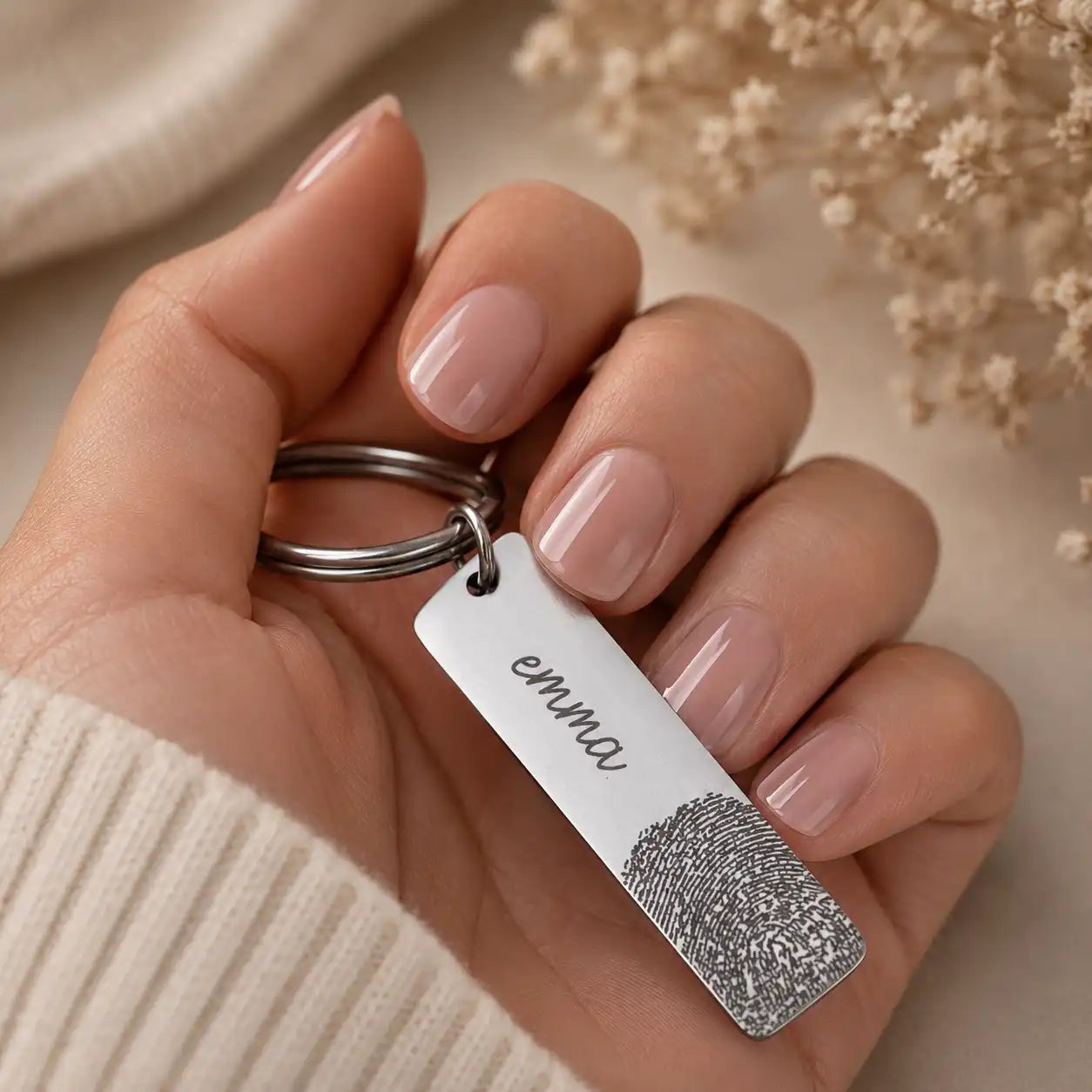 porte clé personnalisé avec empreinte tenue dans une main de femme
