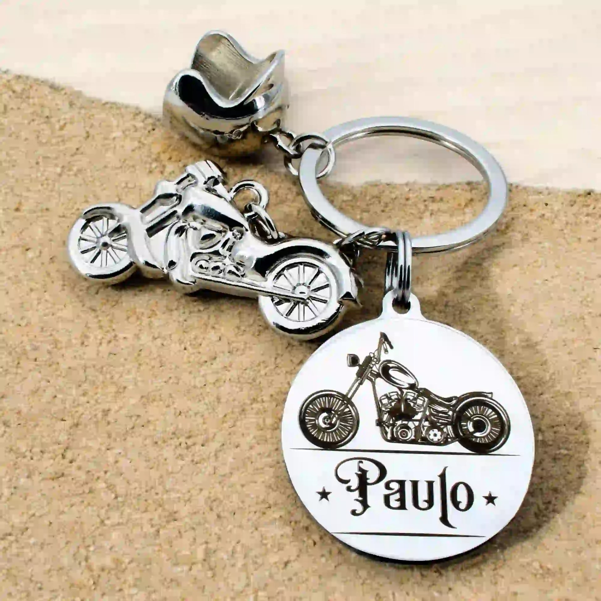 porte clé biker avec moto et casque en métal