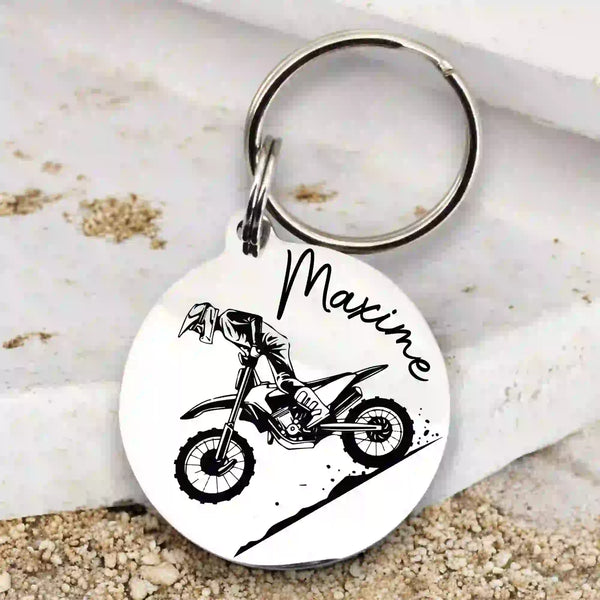 porte clé motocross gravure personnalisée en acier inoxydable