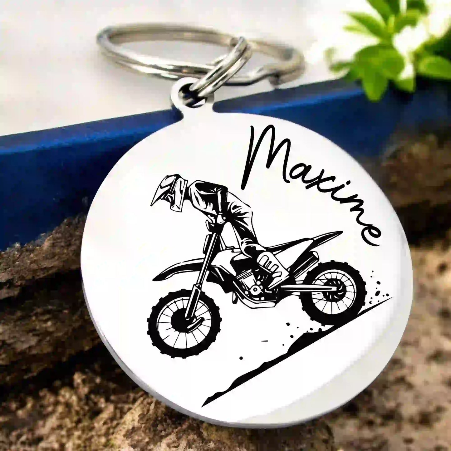 porte clé motocross gravure personnalisée en acier inoxydable