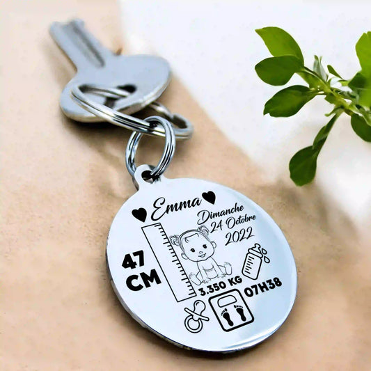 Porte-clé naissance personnalisé avec gravure du prénom et date de bébé