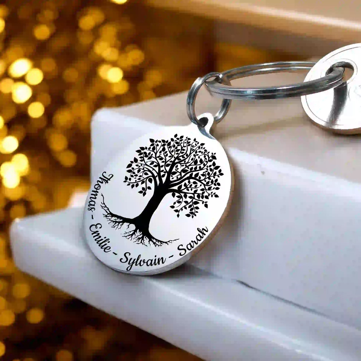 Porte-clé personnalisé arbre de vie en acier inoxydable avec gravure laser d'un prénom