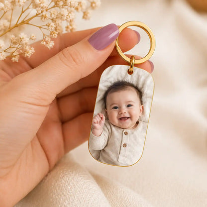 Porte-clé naissance avec photo de bébé imprimée haute définition sur plaque militaire 