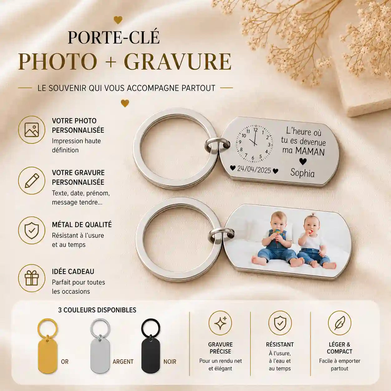  Porte-clé photo naissance plaque militaire dog tag en métal argenté avec gravure personnalisée │