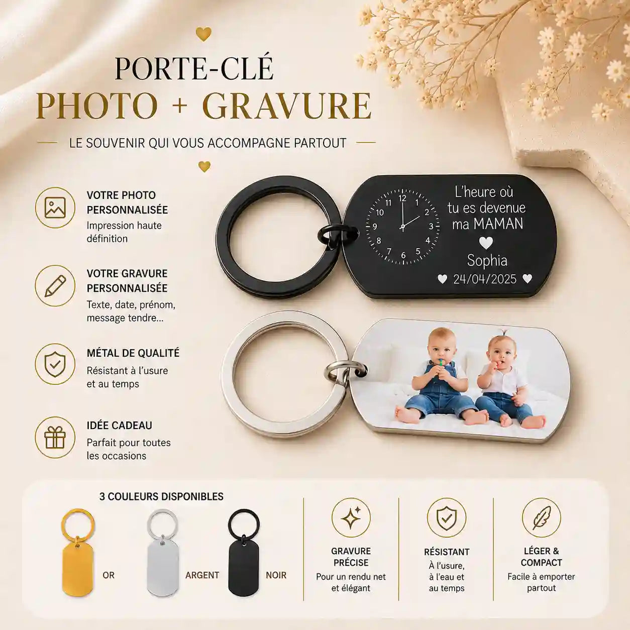 Porte-clé photo naissance dog tag en métal noir, cadeau personnalisé Made in France