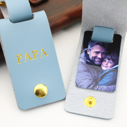 Porte-clé personnalisé en cuir avec photo sur plaque en métal et message pour papa