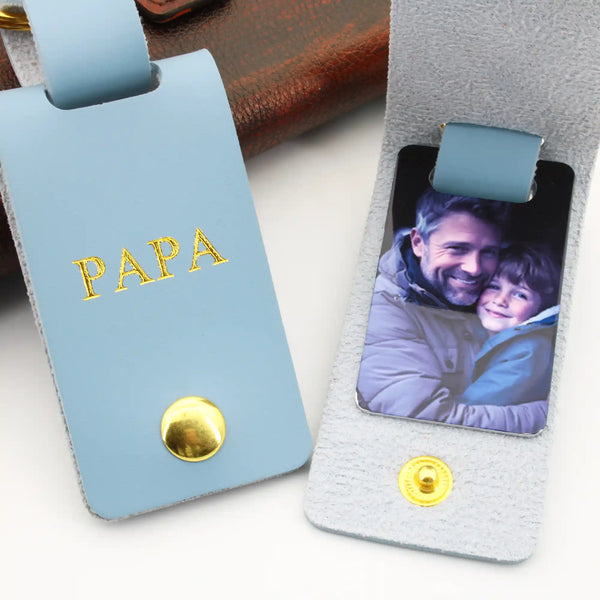Porte-clé personnalisé en cuir avec photo sur plaque en métal et message pour papa