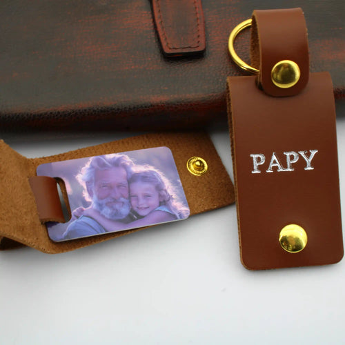Porte-clé personnalisé en cuir avec photo sur plaque en métal et message pour papy