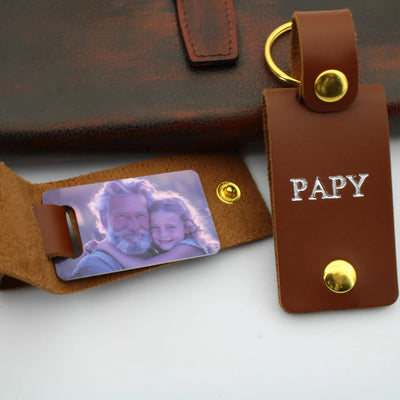 Porte-clé photo personnalisée en cuir pour papy