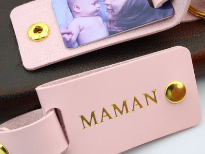 Porte-clé photo cuir maman