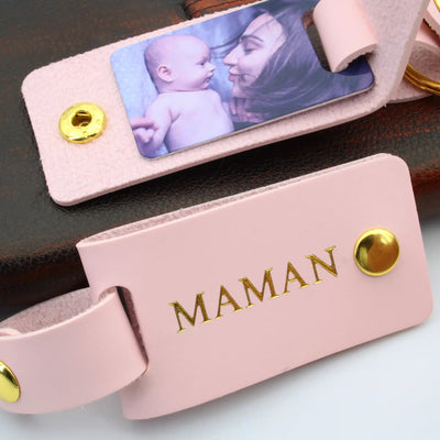 Porte-clé photo personnalisée en cuir pour maman
