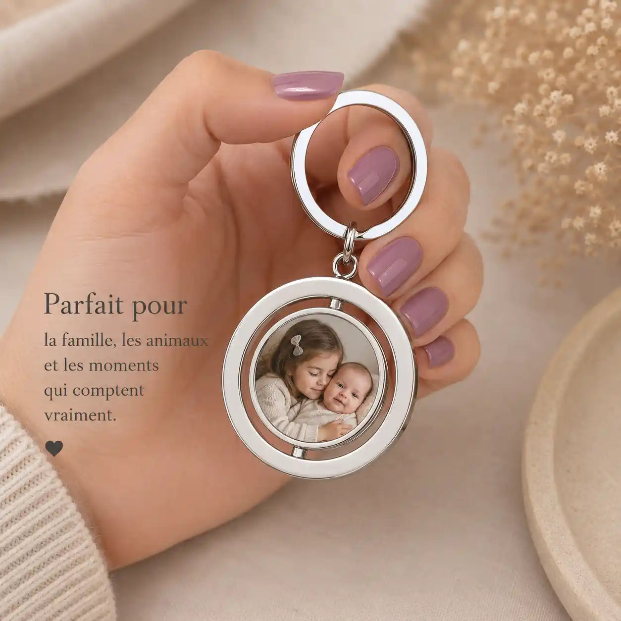 porte clé photo rotatif 360° avec photo d'enfant imprimée