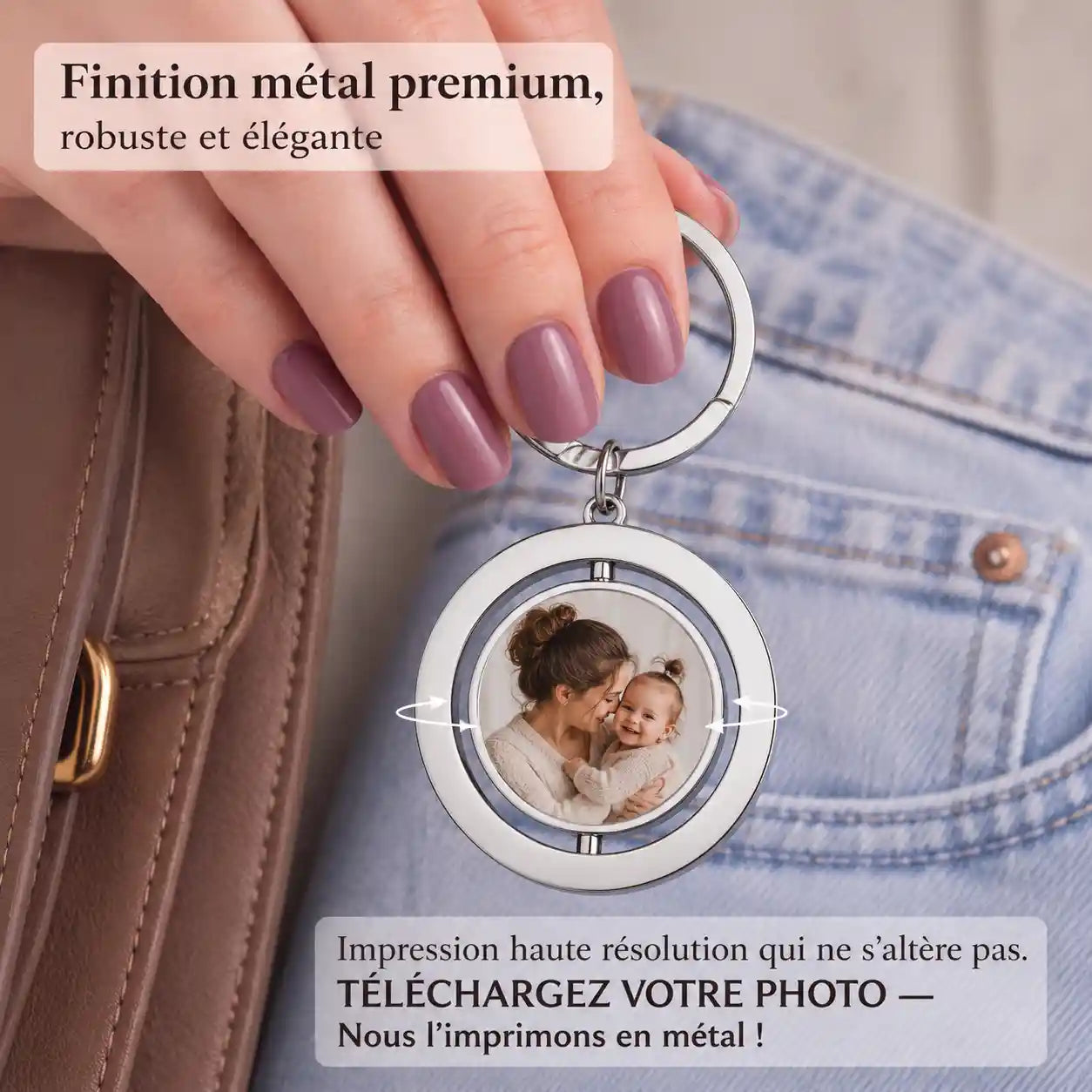 porte clé photo rotatif 360° et gravure à l'arriere