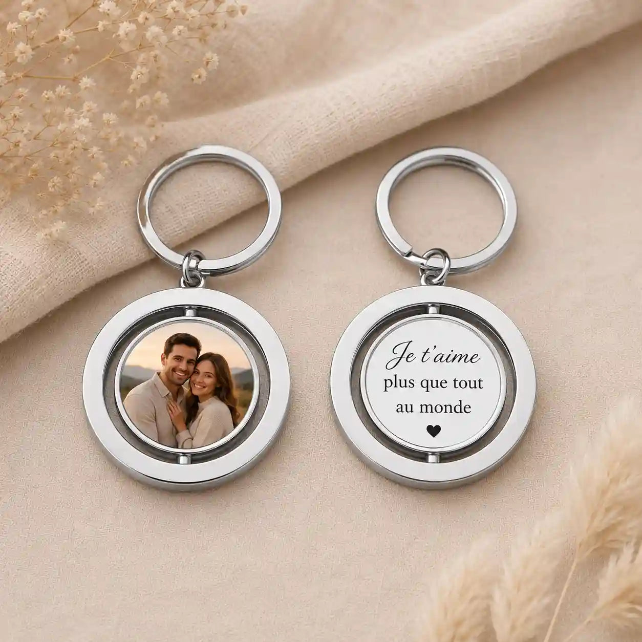 porte clé photo rotatif 360° et gravure arriere - couleur argent