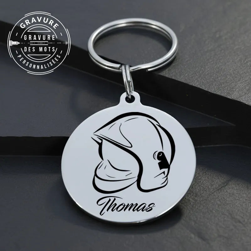 porte clé casque de pompiers avec gravure personnalisée prenom