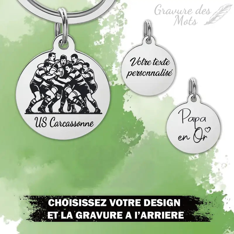 Ensemble de porte-clés personnalisés rugby avec gravure prénom, numéro et nom d’équipe