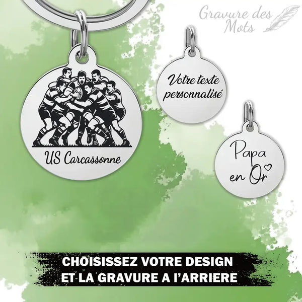 Ensemble de porte-clés personnalisés rugby avec gravure prénom, numéro et nom d’équipe