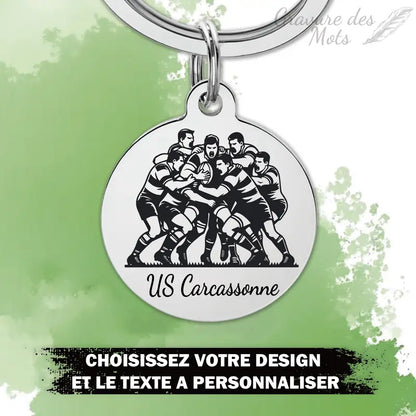 Porte-clé rugby gravé avec illustration de joueur en action et texte personnalisé