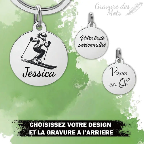 Ensemble de porte-clés ski personnalisés avec prénom, station et record - vue alternative