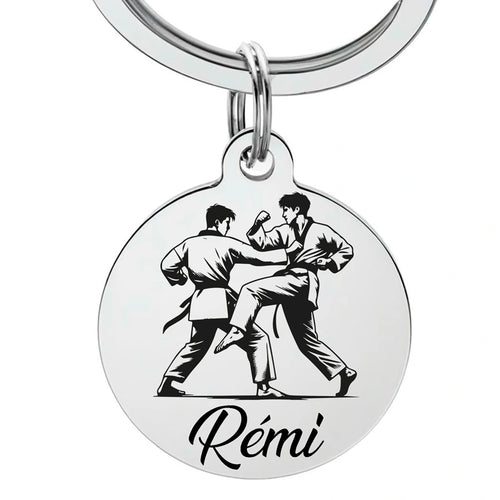 Porte-clé personnalisé Taekwondo avec gravure d’un prénom et d’un symbole martial