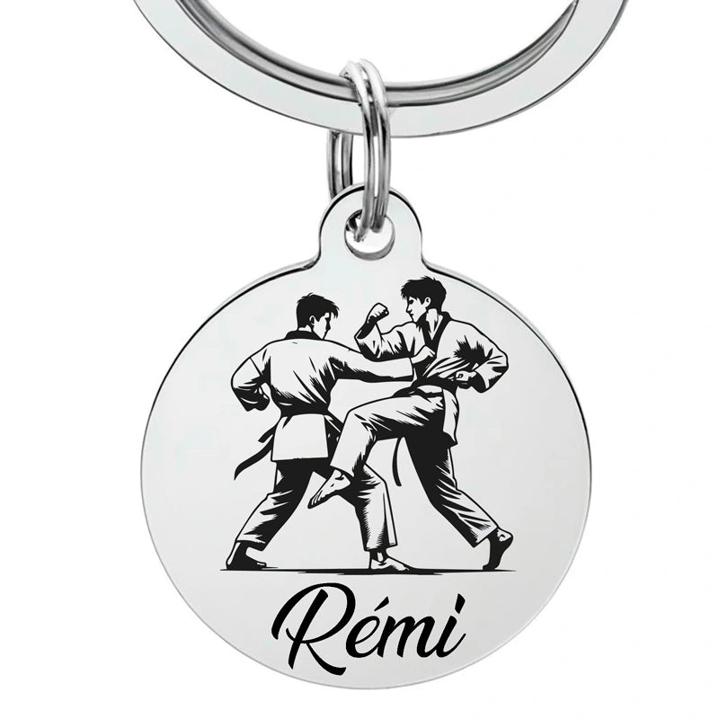 Porte-clé personnalisé Taekwondo avec gravure d’un prénom et d’un symbole martial