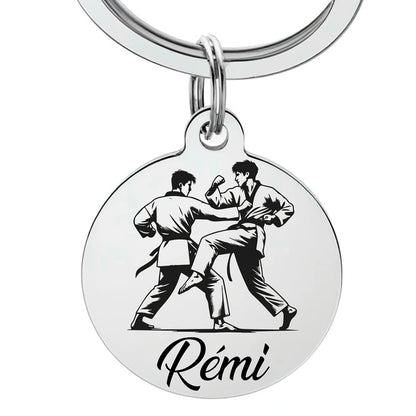 Porte-clé personnalisé Taekwondo avec gravure d’un prénom et d’un symbole martial
