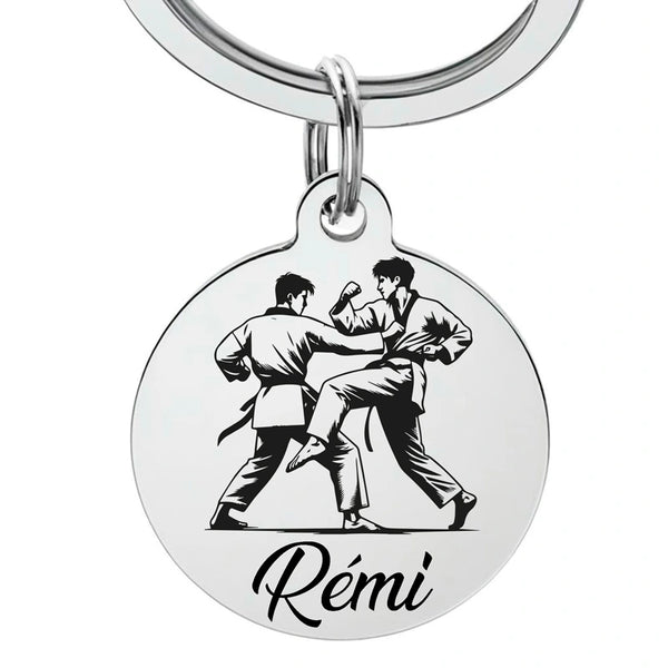 Porte-clé personnalisé Taekwondo avec gravure d’un prénom et d’un symbole martial
