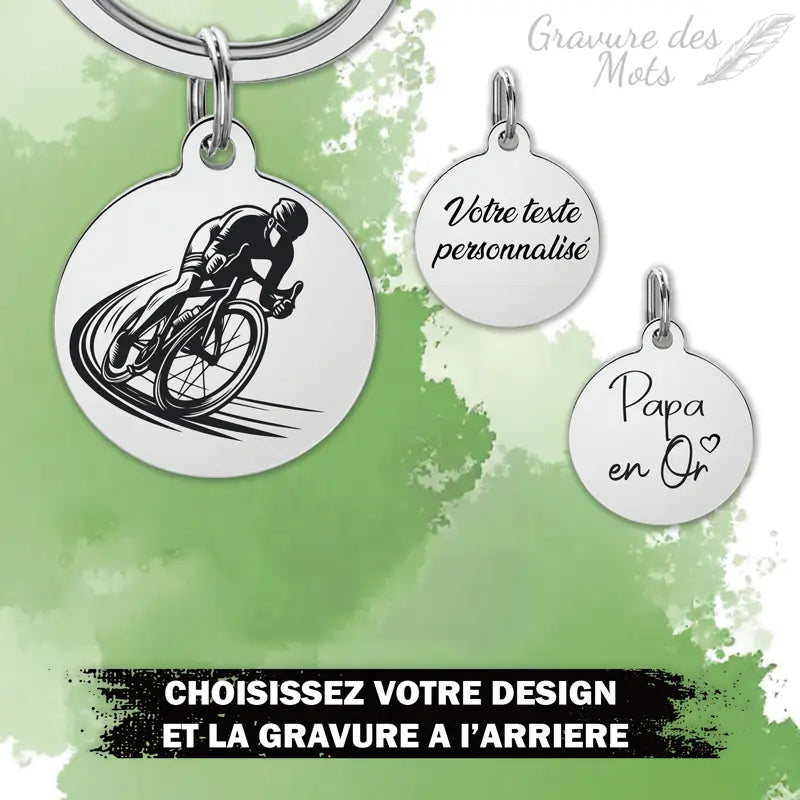 porte clé cycliste avec exemple de gravure personnalisée à l'arriere