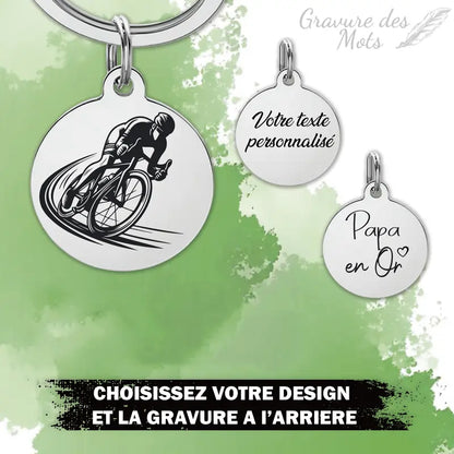 porte clé cycliste avec exemple de gravure personnalisée à l'arriere